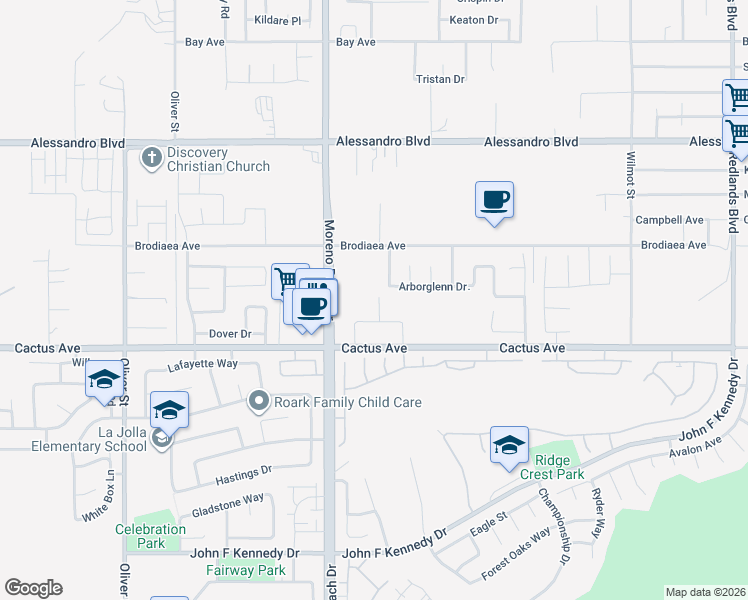 map of restaurants, bars, coffee shops, grocery stores, and more near in Moreno Valley