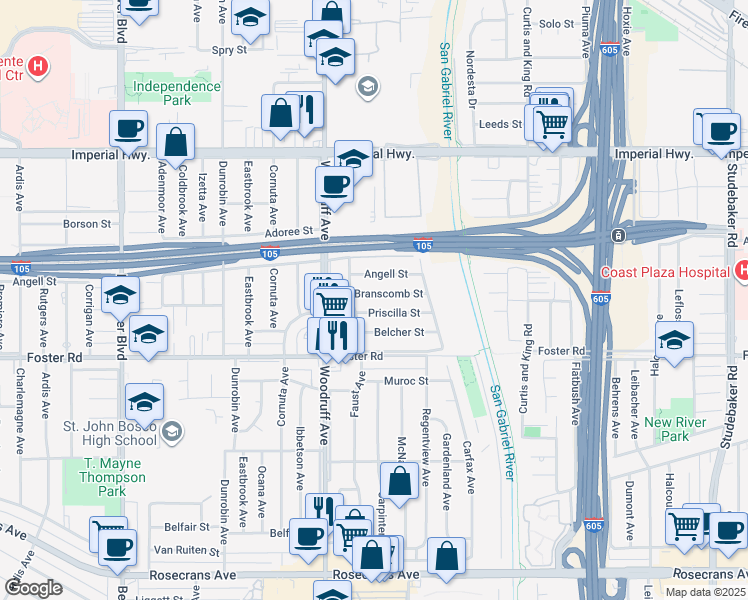 map of restaurants, bars, coffee shops, grocery stores, and more near 10226 Branscomb St in Downey