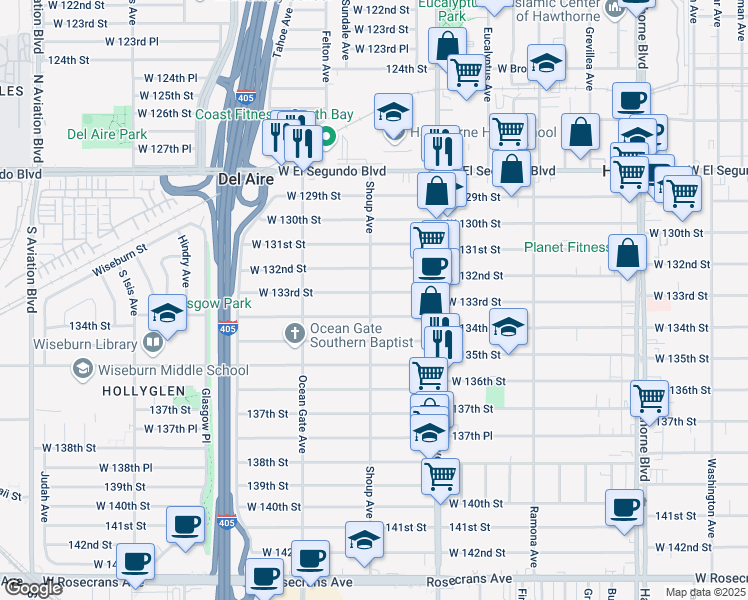 map of restaurants, bars, coffee shops, grocery stores, and more near 4878 West 133rd Street in Hawthorne