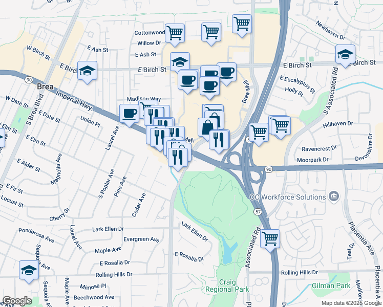 map of restaurants, bars, coffee shops, grocery stores, and more near Imperial Highway & South State College Boulevard in Brea
