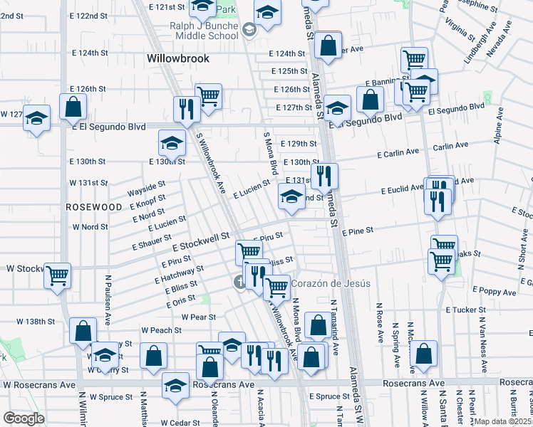 map of restaurants, bars, coffee shops, grocery stores, and more near 13217 South Penrose Avenue in Compton