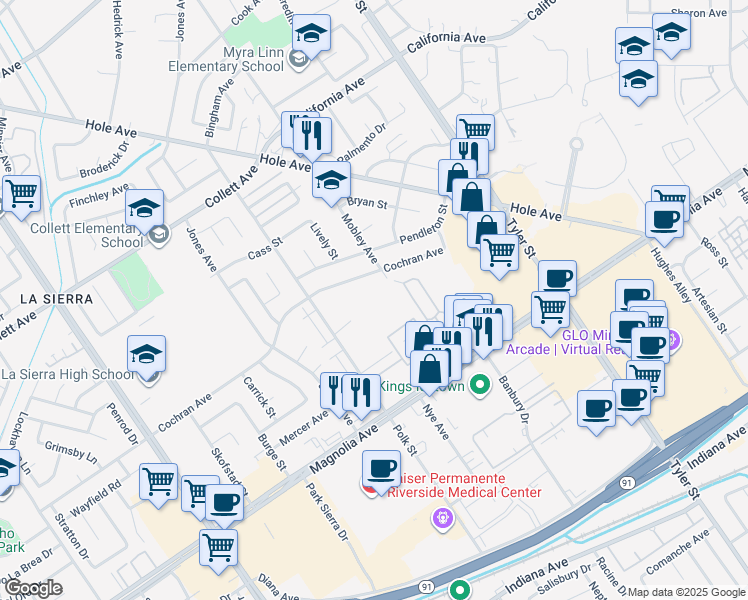 map of restaurants, bars, coffee shops, grocery stores, and more near 3941 Polk Street in Riverside