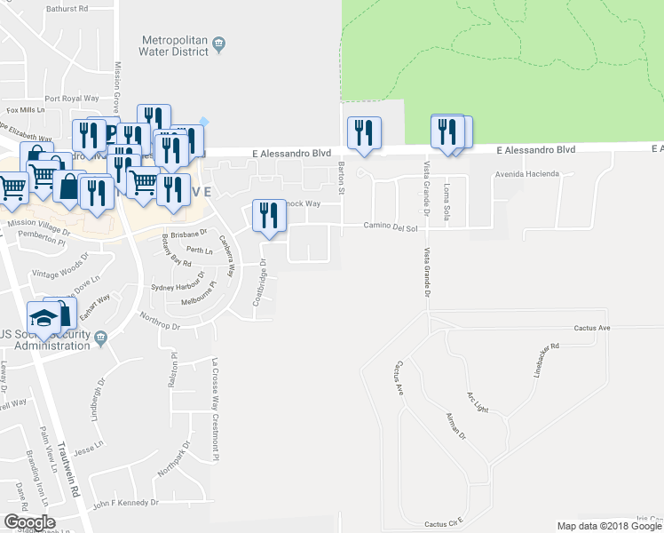 map of restaurants, bars, coffee shops, grocery stores, and more near 971 Saltcoats Drive in Riverside