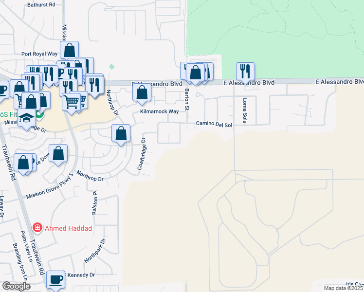 map of restaurants, bars, coffee shops, grocery stores, and more near 971 Saltcoats Drive in Riverside