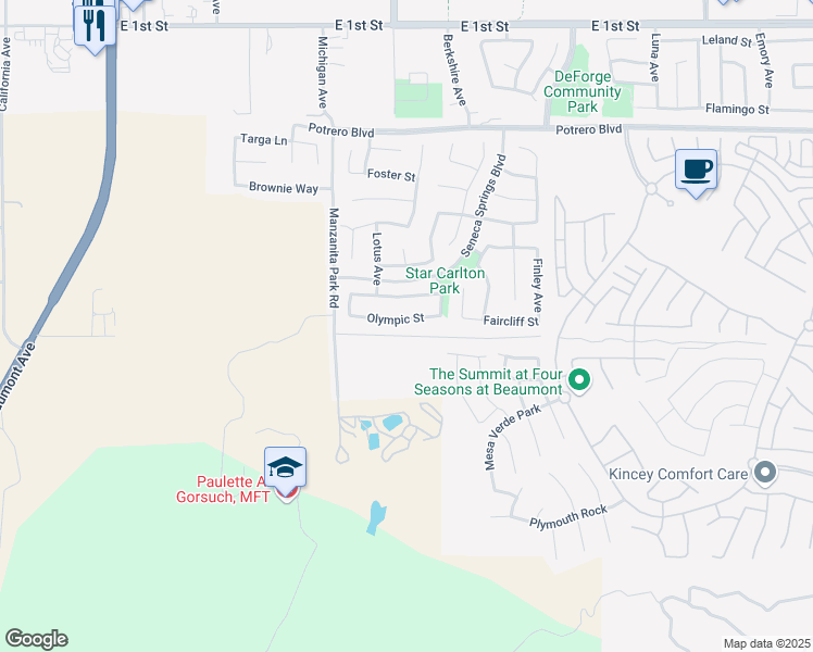 map of restaurants, bars, coffee shops, grocery stores, and more near 1315 Olympic Street in Beaumont