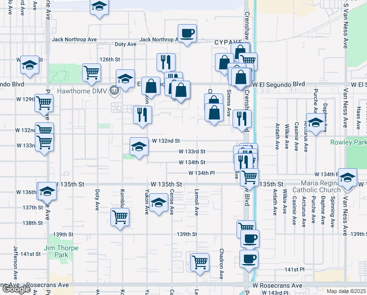 map of restaurants, bars, coffee shops, grocery stores, and more near 3333 West 133rd Street in Hawthorne