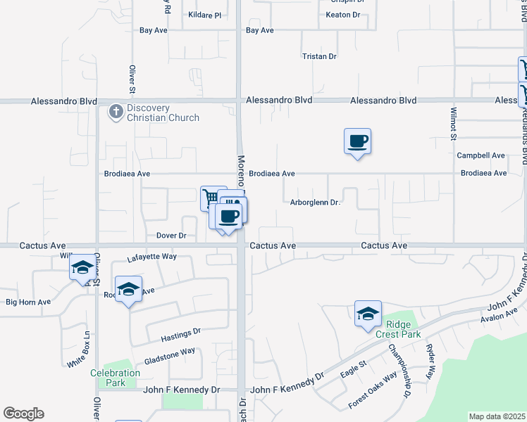 map of restaurants, bars, coffee shops, grocery stores, and more near in Moreno Valley