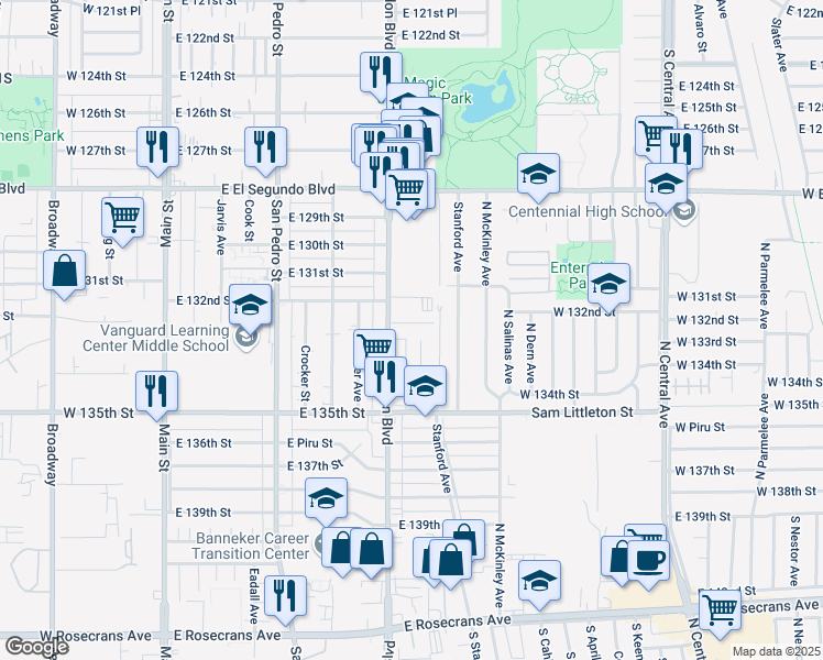 map of restaurants, bars, coffee shops, grocery stores, and more near 13232 Avalon Boulevard in Los Angeles