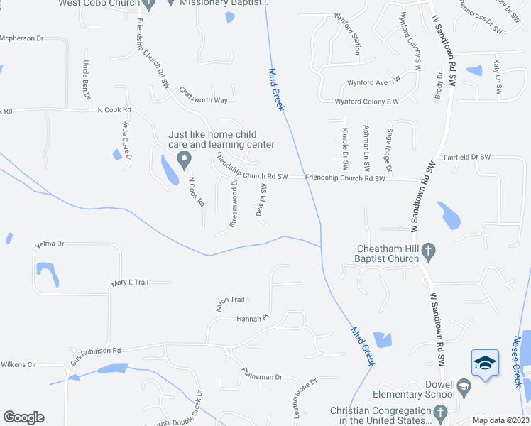 map of restaurants, bars, coffee shops, grocery stores, and more near 1705 Dew Place Southwest in Marietta