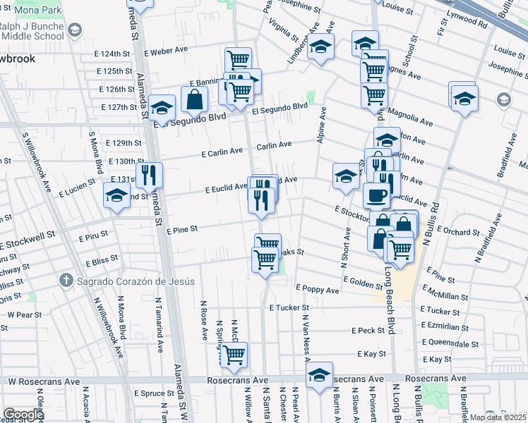 map of restaurants, bars, coffee shops, grocery stores, and more near 2108 North Santa Fe Avenue in Compton