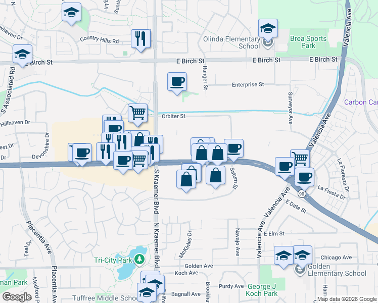 map of restaurants, bars, coffee shops, grocery stores, and more near 2727 East Imperial Highway in Brea