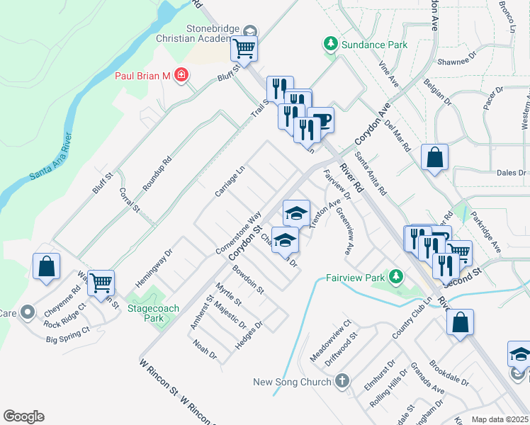 map of restaurants, bars, coffee shops, grocery stores, and more near 1263 Cornerstone Way in Corona