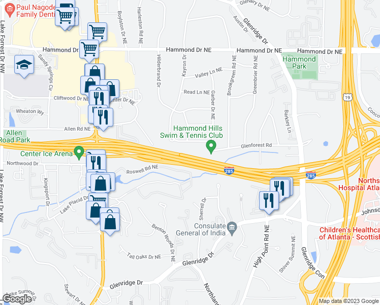 map of restaurants, bars, coffee shops, grocery stores, and more near 5724 Kayron Drive in Atlanta