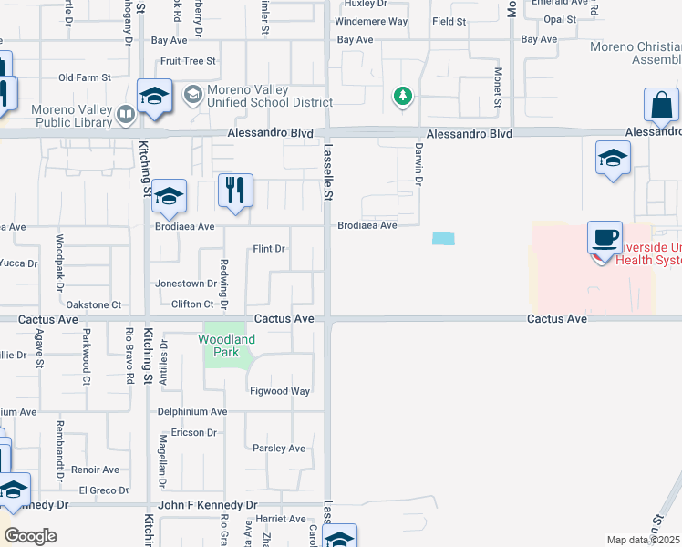 map of restaurants, bars, coffee shops, grocery stores, and more near 14400 Lasselle Street in Moreno Valley