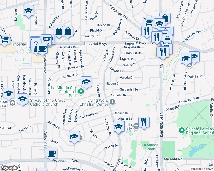 map of restaurants, bars, coffee shops, grocery stores, and more near 14636 Ragan Drive in La Mirada