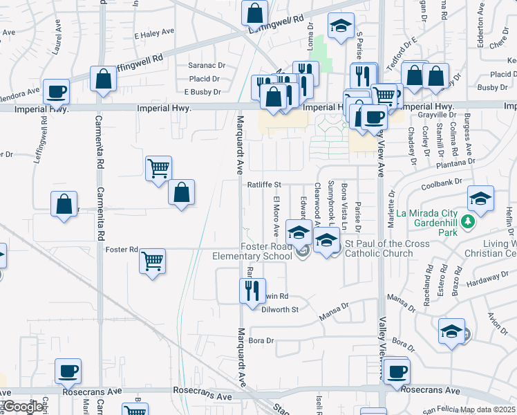 map of restaurants, bars, coffee shops, grocery stores, and more near 13103 Duffield Avenue in La Mirada