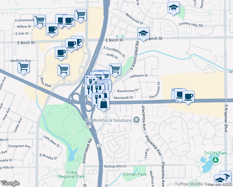 map of restaurants, bars, coffee shops, grocery stores, and more near 1768 Ravencrest Drive in Brea