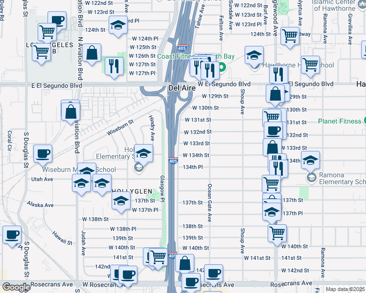map of restaurants, bars, coffee shops, grocery stores, and more near 5170 West 133rd Street in Hawthorne