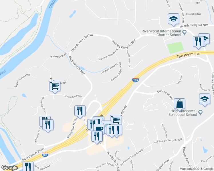 map of restaurants, bars, coffee shops, grocery stores, and more near 330 Cameron Ridge Drive Northwest in Atlanta
