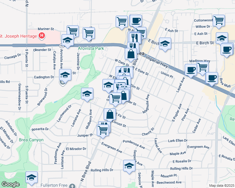 map of restaurants, bars, coffee shops, grocery stores, and more near 503 South Brea Boulevard in Brea