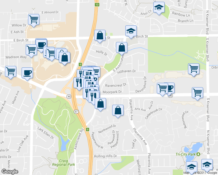 map of restaurants, bars, coffee shops, grocery stores, and more near 1796 Ravencrest Drive in Brea