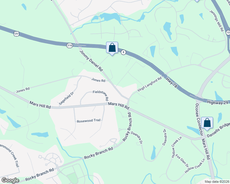 map of restaurants, bars, coffee shops, grocery stores, and more near 1051 Jimmy Daniel Road in Bogart