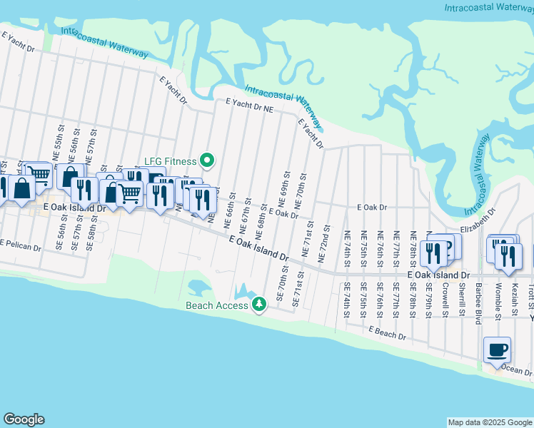 map of restaurants, bars, coffee shops, grocery stores, and more near 118 Northeast 68th Street in Oak Island