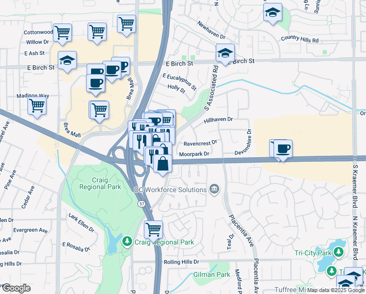 map of restaurants, bars, coffee shops, grocery stores, and more near 1768 Ravencrest Drive in Brea
