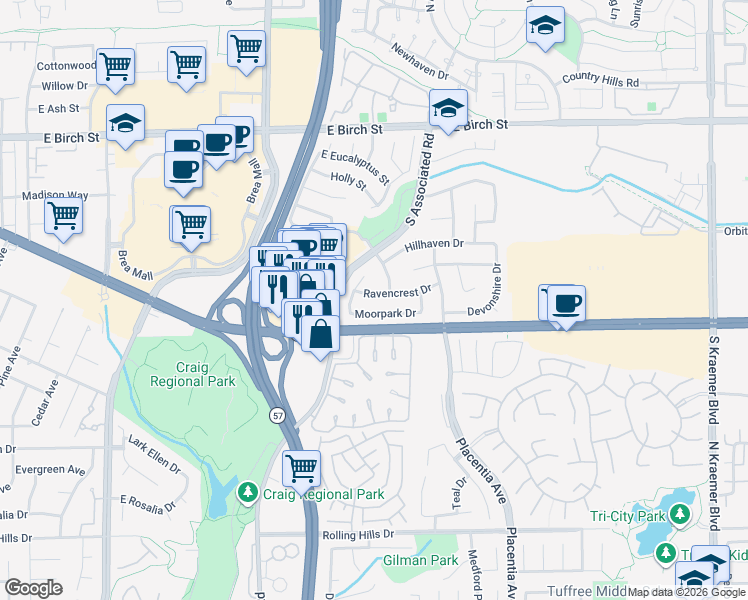 map of restaurants, bars, coffee shops, grocery stores, and more near 1796 Ravencrest Drive in Brea