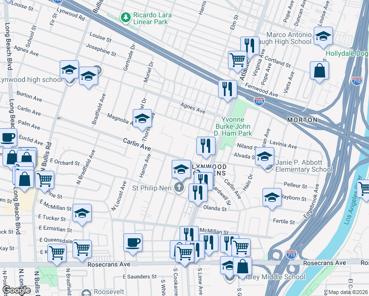 map of restaurants, bars, coffee shops, grocery stores, and more near 4271 Carlin Avenue in Lynwood