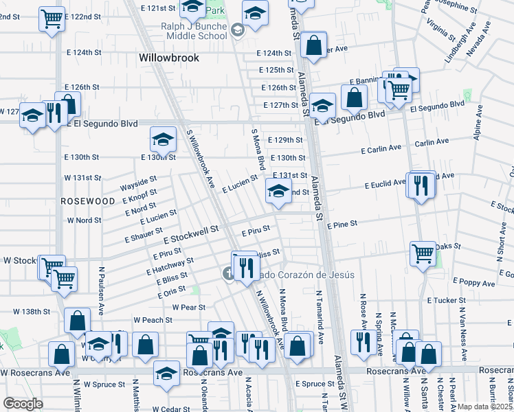 map of restaurants, bars, coffee shops, grocery stores, and more near 13217 South Penrose Avenue in Compton