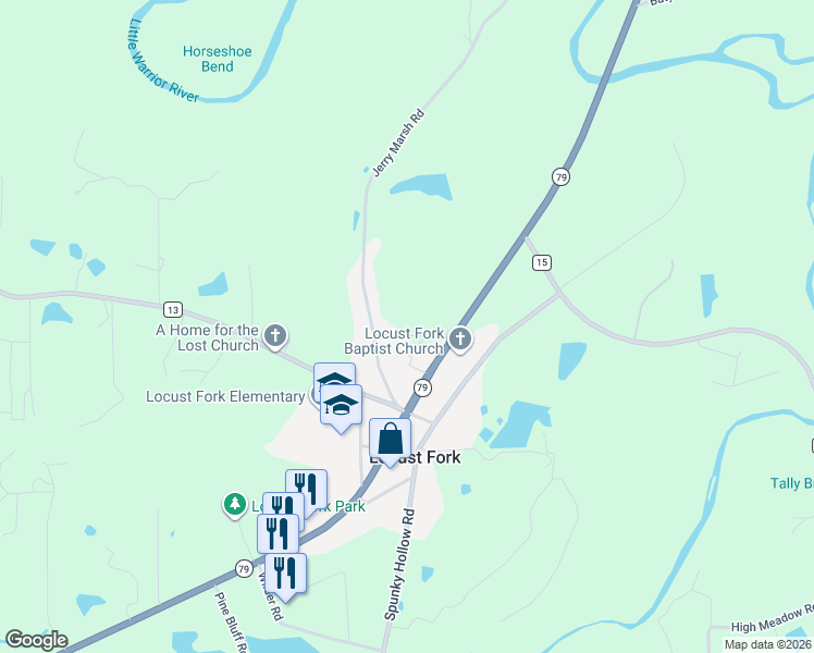 map of restaurants, bars, coffee shops, grocery stores, and more near 178 Jerry Marsh Road in Locust Fork