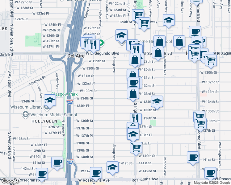 map of restaurants, bars, coffee shops, grocery stores, and more near 4878 West 133rd Street in Hawthorne