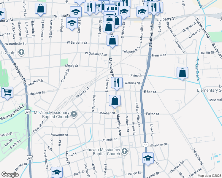 map of restaurants, bars, coffee shops, grocery stores, and more near 242-298 Manning Ave in Sumter