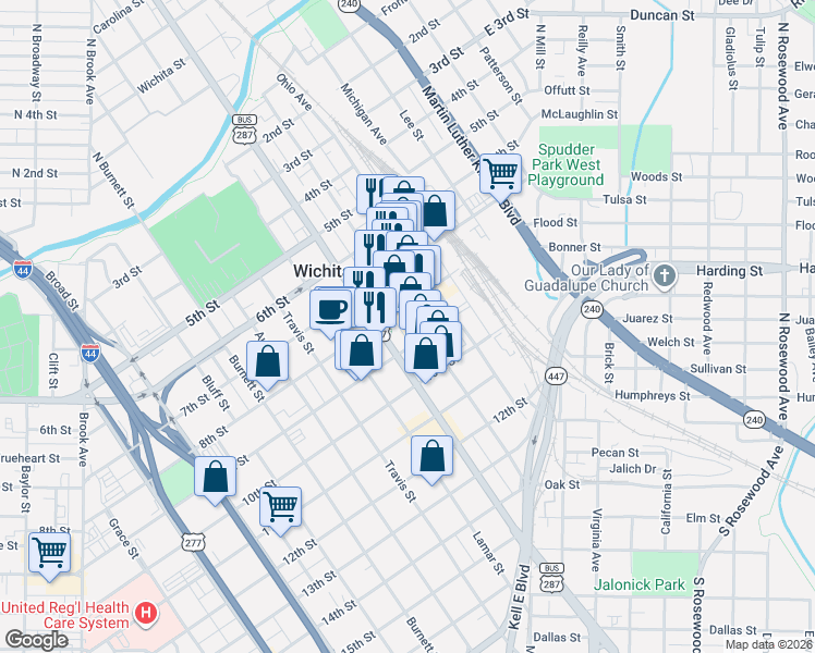 map of restaurants, bars, coffee shops, grocery stores, and more near 815 Scott Avenue in Wichita Falls
