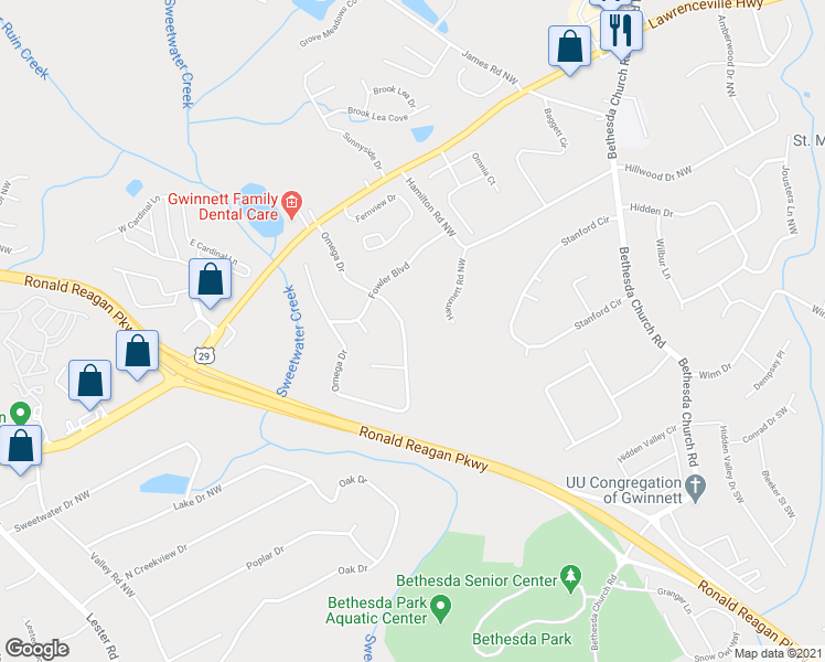 map of restaurants, bars, coffee shops, grocery stores, and more near 257 Omega Drive in Lawrenceville
