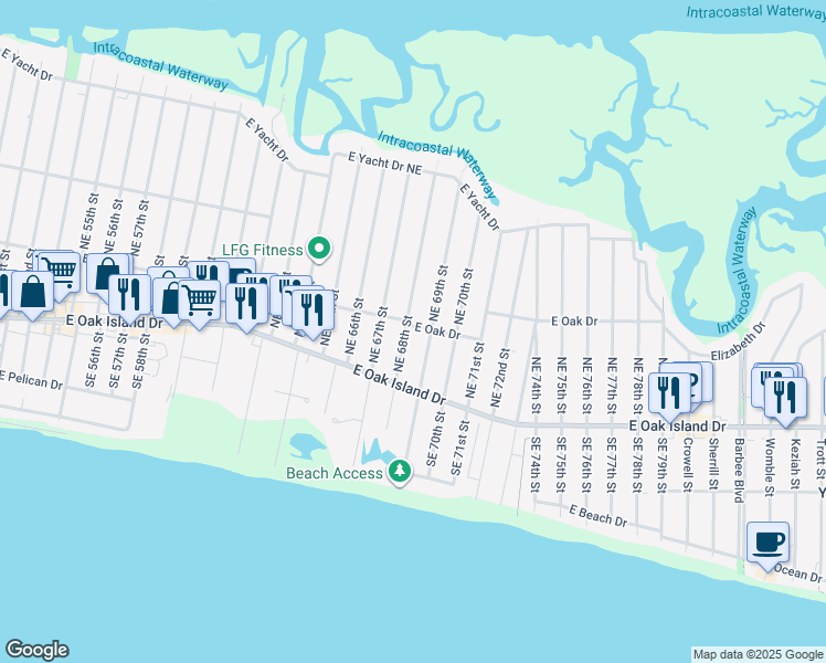 map of restaurants, bars, coffee shops, grocery stores, and more near 118 Northeast 68th Street in Oak Island