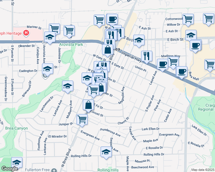 map of restaurants, bars, coffee shops, grocery stores, and more near 527 South Orange Avenue in Brea