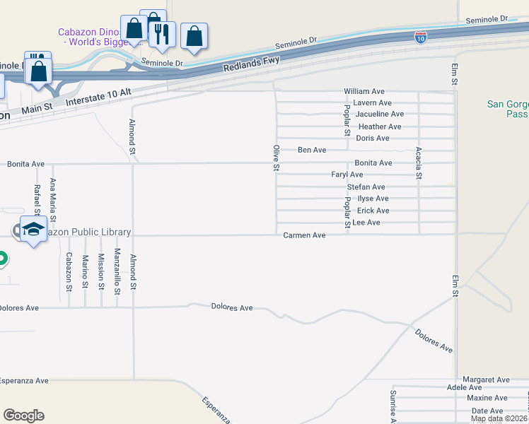 map of restaurants, bars, coffee shops, grocery stores, and more near Olive Street in Cabazon