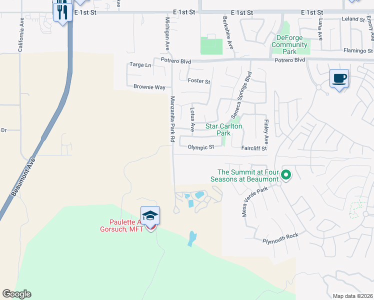 map of restaurants, bars, coffee shops, grocery stores, and more near 1261 Olympic Street in Beaumont