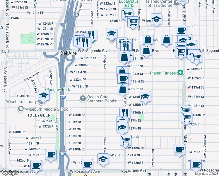 map of restaurants, bars, coffee shops, grocery stores, and more near 4864 West 133rd Street in Hawthorne