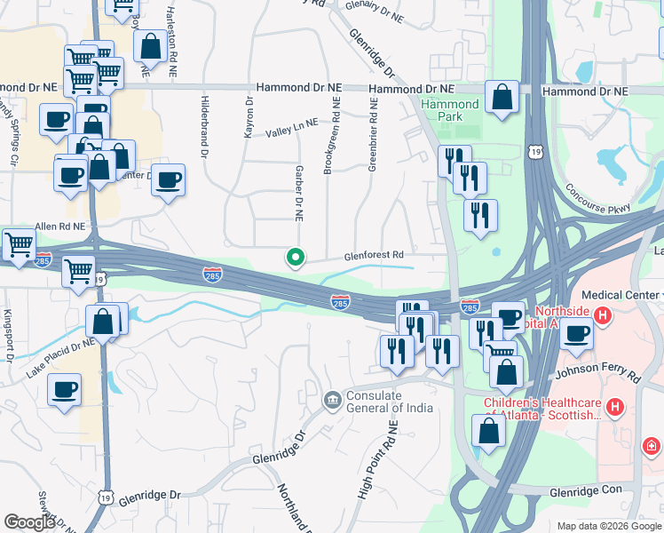 map of restaurants, bars, coffee shops, grocery stores, and more near 605 Glenforest Road in Sandy Springs