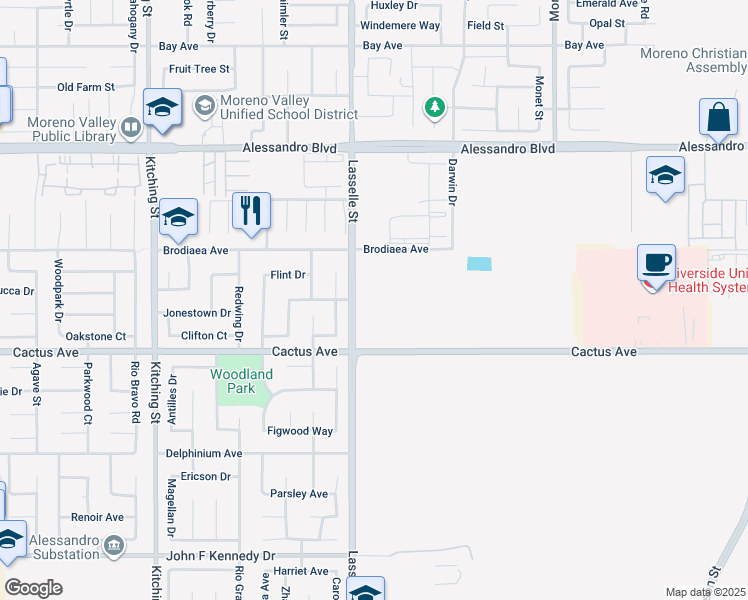 map of restaurants, bars, coffee shops, grocery stores, and more near 25999 Fresca Drive in Moreno Valley