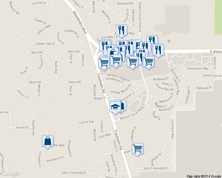 map of restaurants, bars, coffee shops, grocery stores, and more near 19148 Broken Bow Drive in Riverside