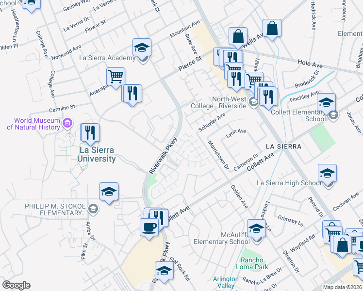 map of restaurants, bars, coffee shops, grocery stores, and more near 4602 Olsen Court in Riverside