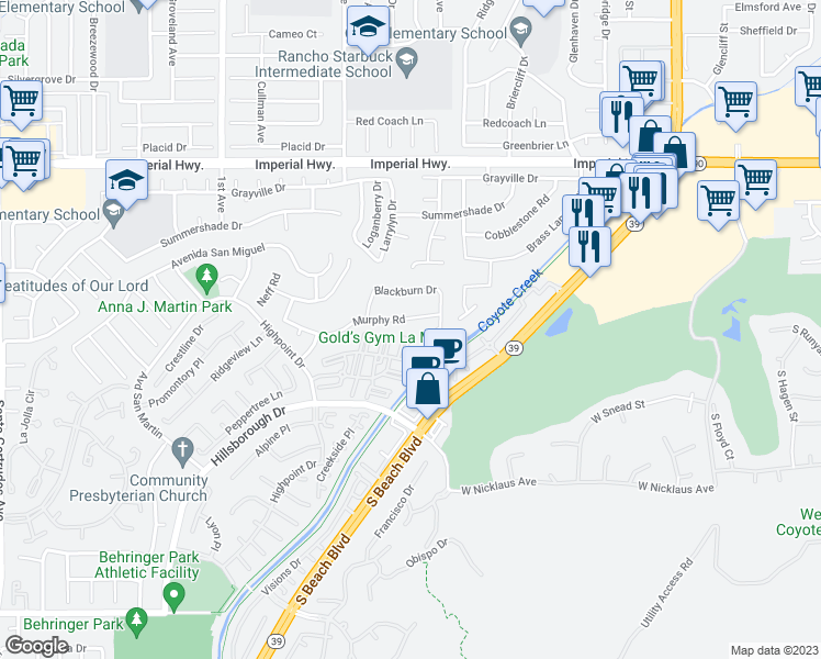 map of restaurants, bars, coffee shops, grocery stores, and more near 16546 Murphy Road in La Mirada