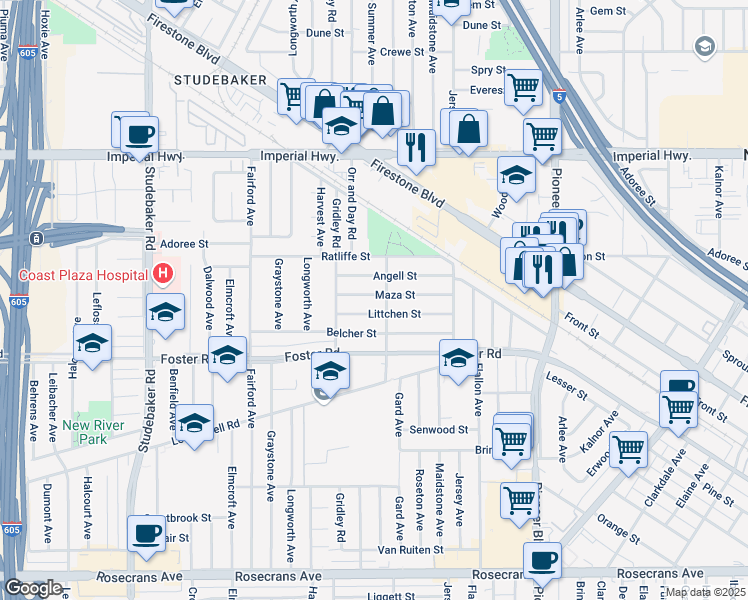 map of restaurants, bars, coffee shops, grocery stores, and more near 11504 Maza Street in Norwalk