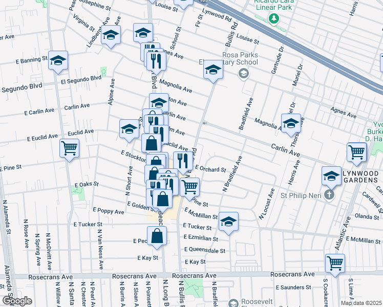 map of restaurants, bars, coffee shops, grocery stores, and more near 3586 Euclid Avenue in Lynwood