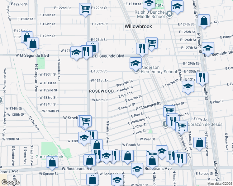 map of restaurants, bars, coffee shops, grocery stores, and more near 2056 East Knopf Street in Compton