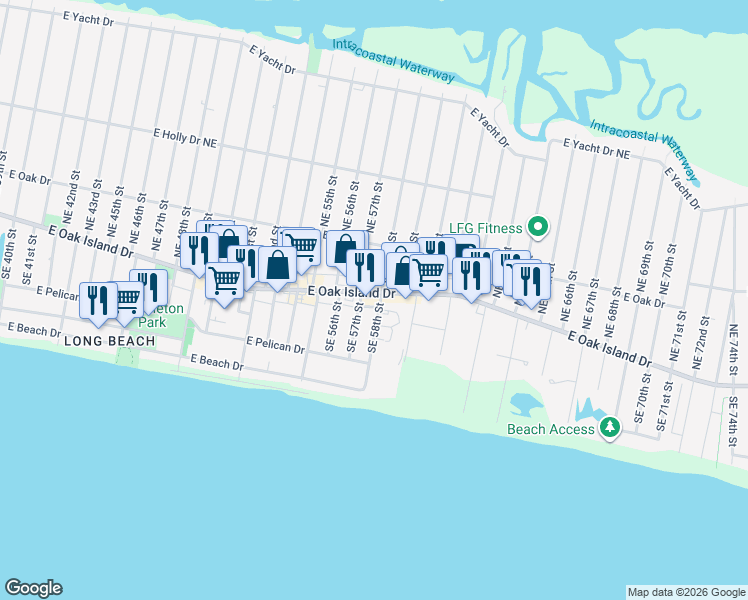 map of restaurants, bars, coffee shops, grocery stores, and more near 5705 East Oak Island Drive in Oak Island